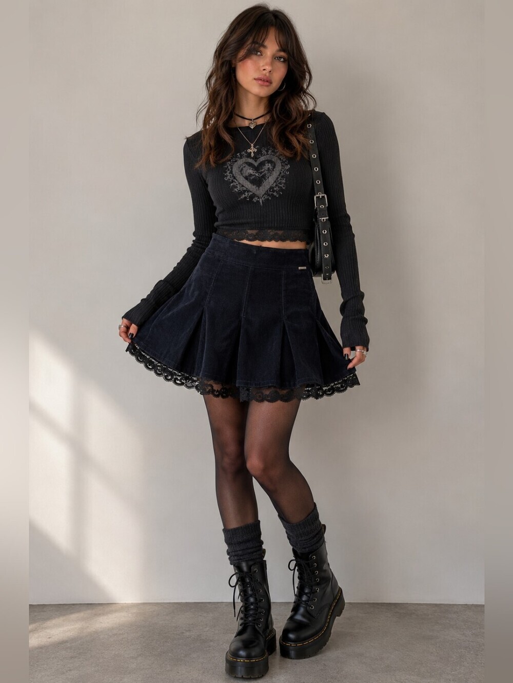 TWIK Navy Corduroy Lace Trim Skater Mini Skirt 7 Grunge Goth Edgy Y2K Whimsigoth